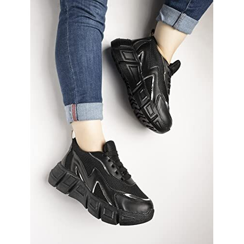 Shoetopia Women's Flat Sneakers Black /Eu40 / Uk7
