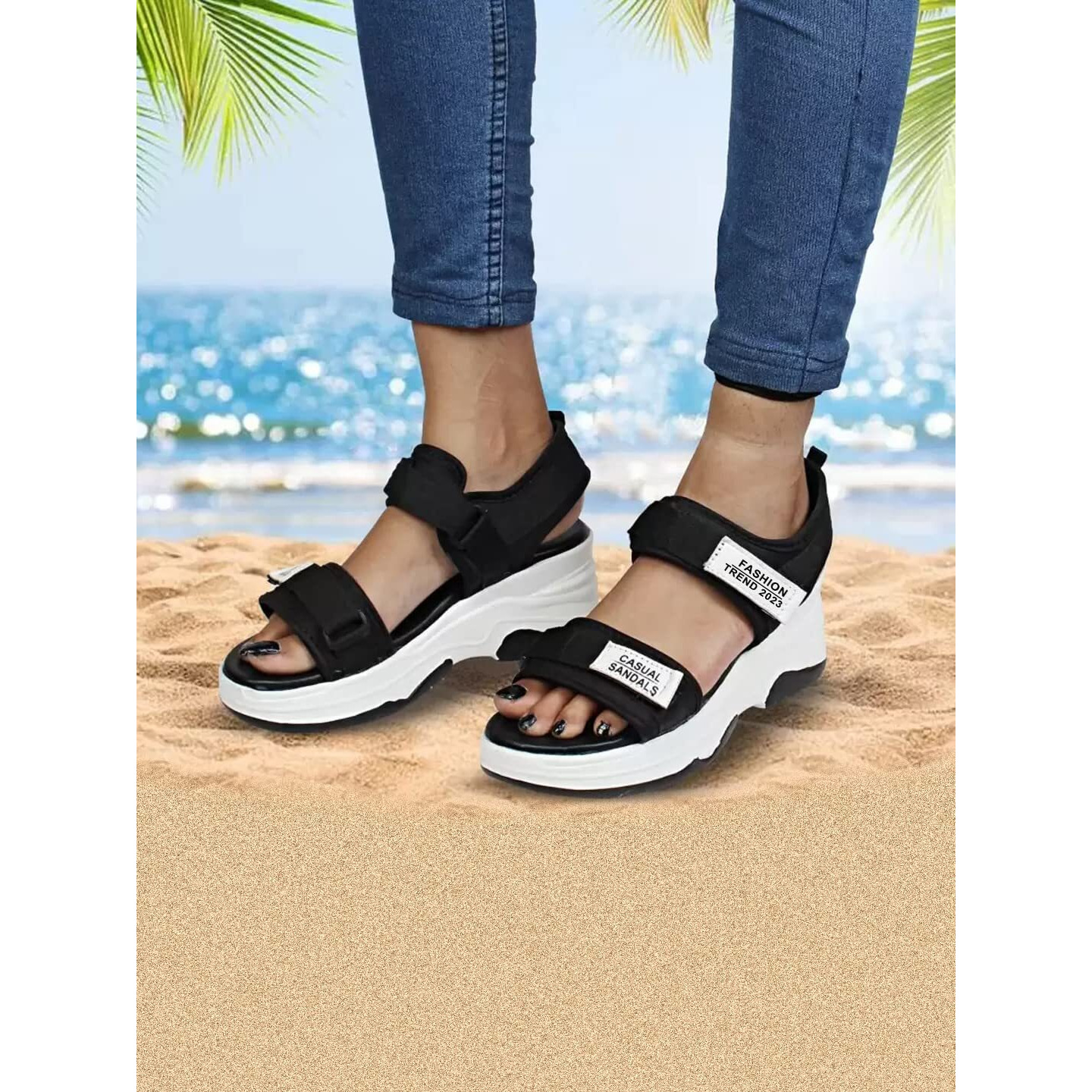 Shoetopia Lightweight Comfortable & Trendy Flatforms Black Sandals For Women & Girls-Eu38