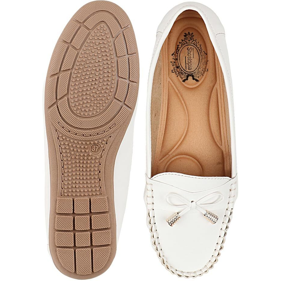 Shoetopia Women's Block Heel Loafers White, 6 Uk