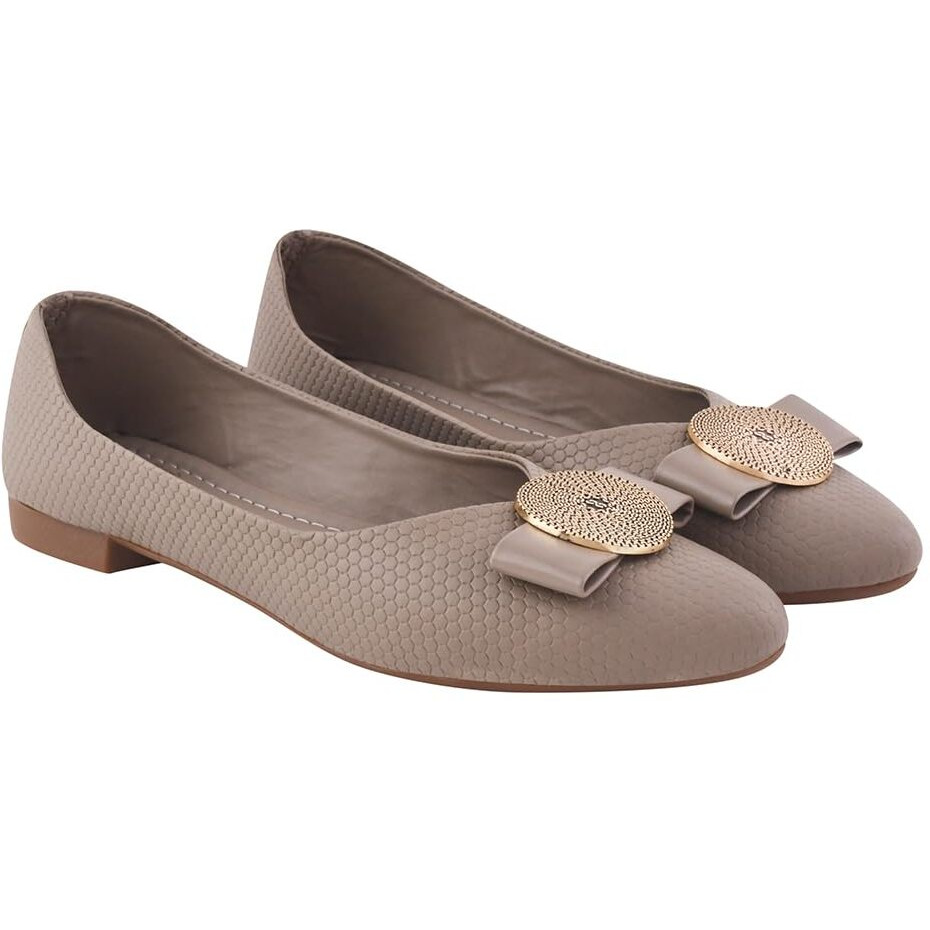Shoetopia Women's Grey Ballet Flats  Textured Slip-On Bellies With Decorative Bow & Gold Button | Elegant Casual & Office Eu37