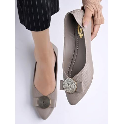 Shoetopia Women's Grey Ballet Flats  Textured Slip-On Bellies With Decorative Bow & Gold Button | Elegant Casual & Office Eu37