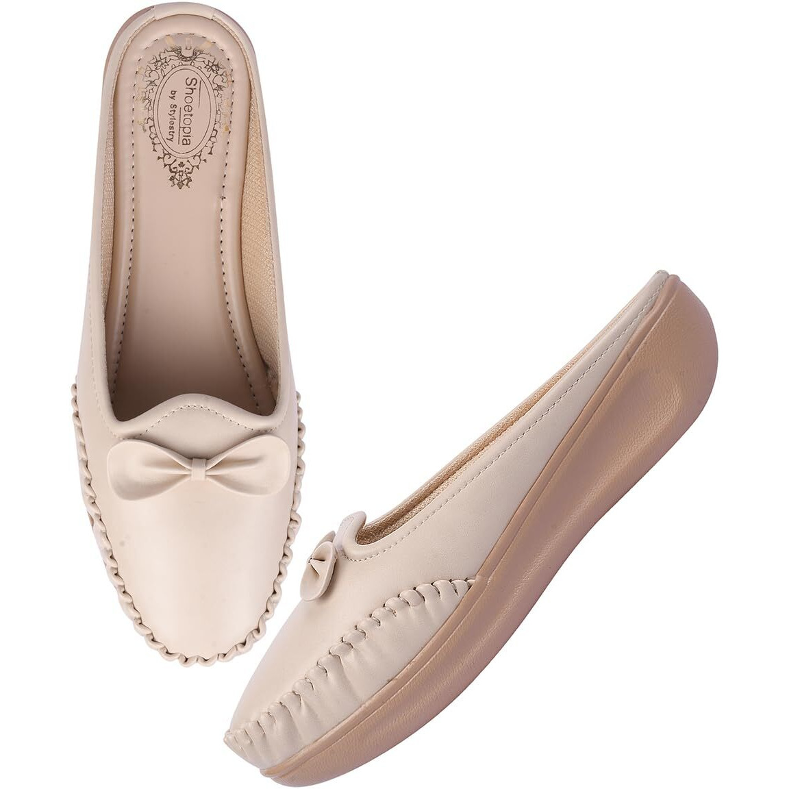 Shoetopia Stylish Comfortable Upper Bow Detailed Cream Slip-On Loafers For Girls-Eu39
