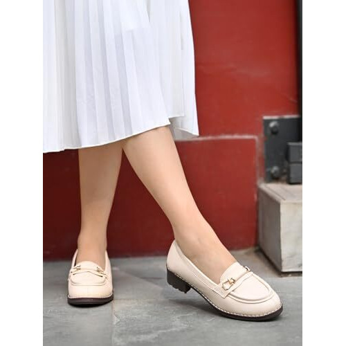 Shoetopia Women's Flat Loafers Cream, 3 Uk