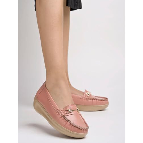 Shoetopia Women's Flat Loafers Peach, 7 Uk