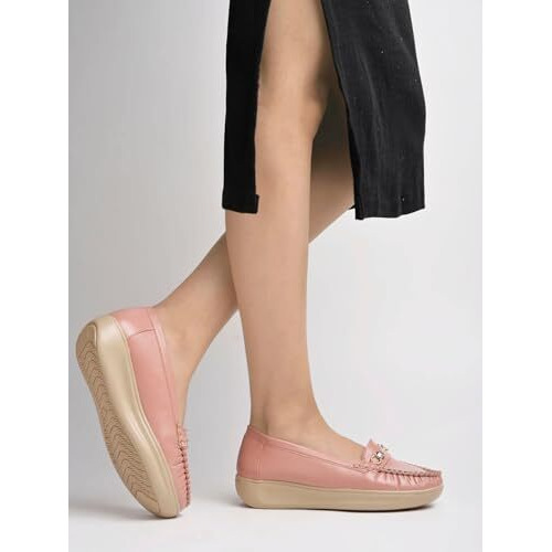 Shoetopia Women's Flat Loafers Peach, 7 Uk