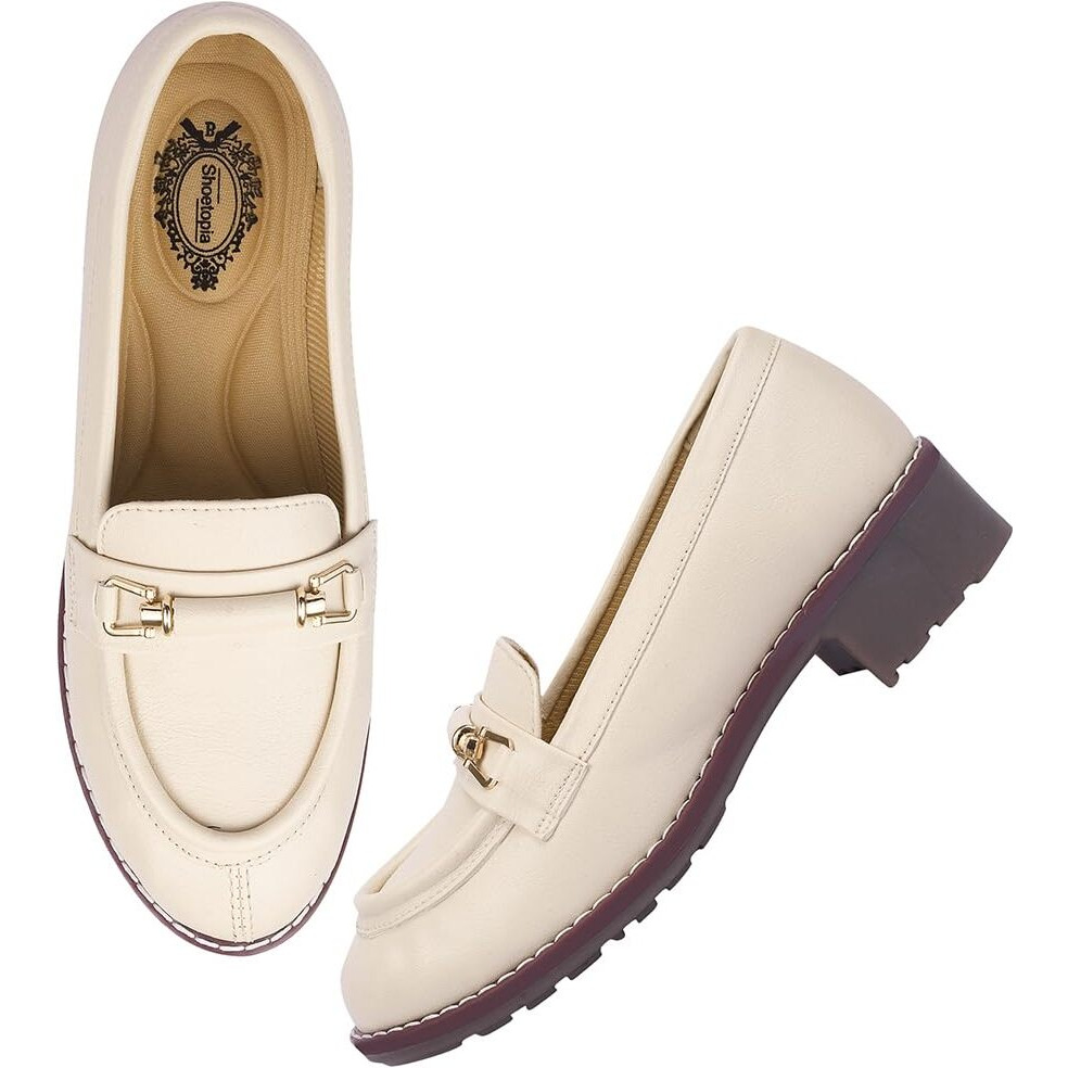 Shoetopia Women's Flat Loafers Cream, 8 Uk