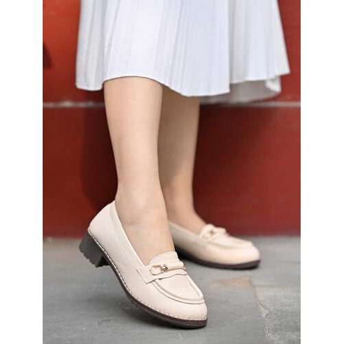 Shoetopia Women's Flat Loafers Cream, 8 Uk