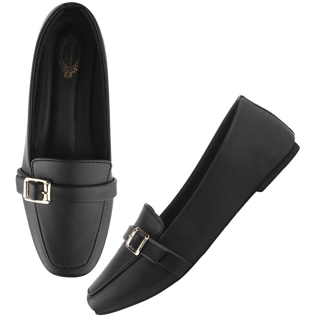 Shoetopai Women's Black Classic Loafer Belly Shoes With Buckle Detail  Comfortable Slip-On Flats For Office & Daily Eu38