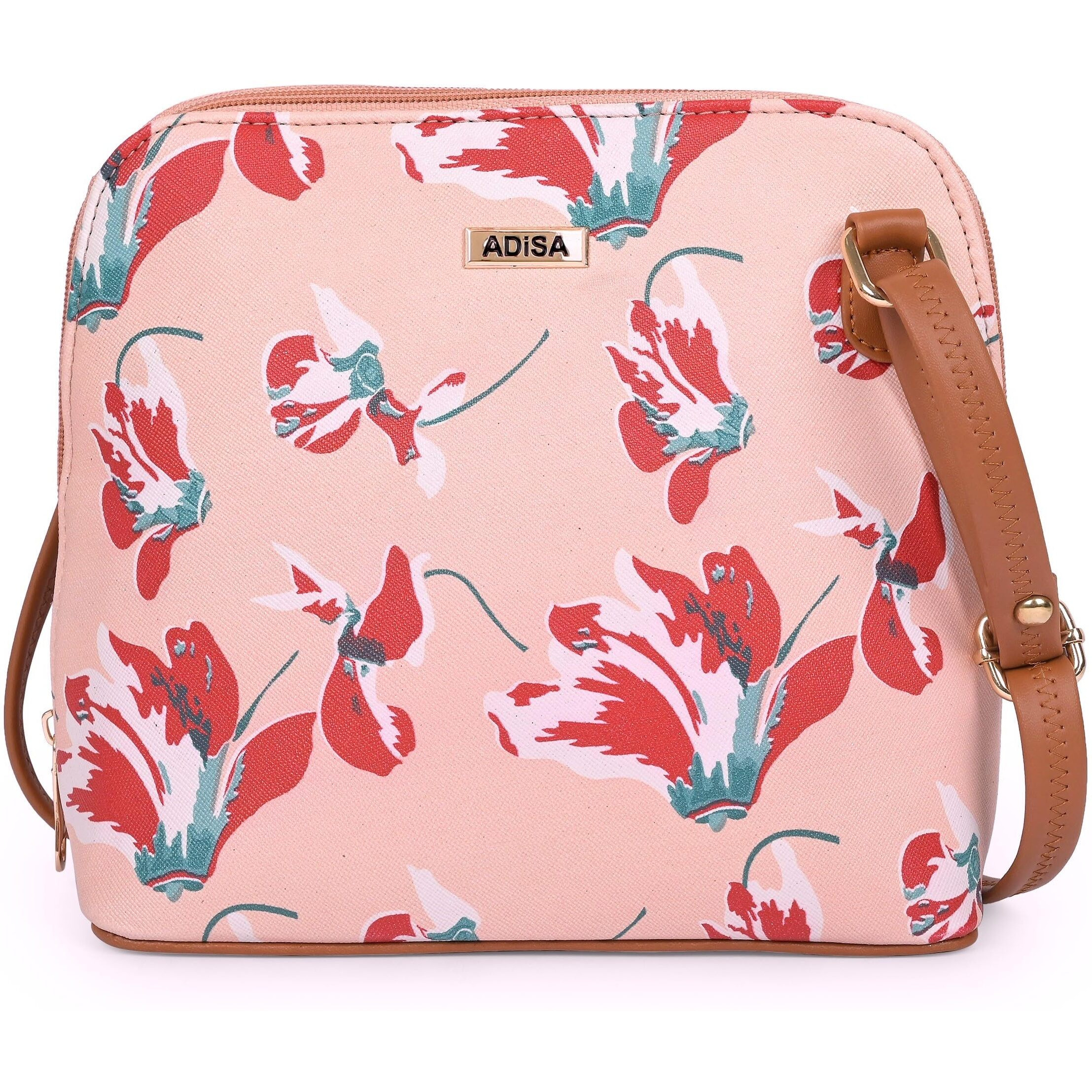 Adisa Women Girls Floral Print Faux Leather Sling Bag Crossbody (Pink)