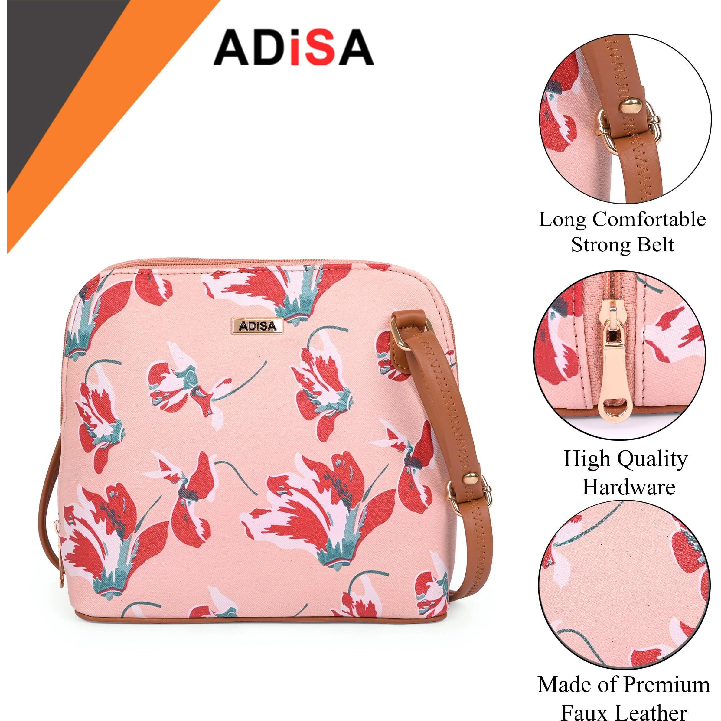 Adisa Women Girls Floral Print Faux Leather Sling Bag Crossbody (Pink)