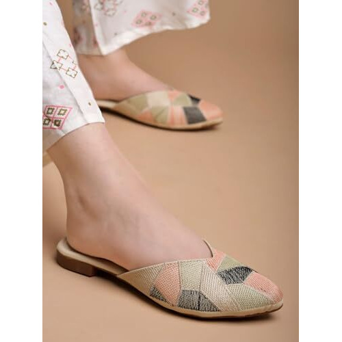 Women's Ethnic Slip-On Mules Embroidered Flat Shoes With Low Heel  Stylish & Comfortable Casual Footwear Green Eu39