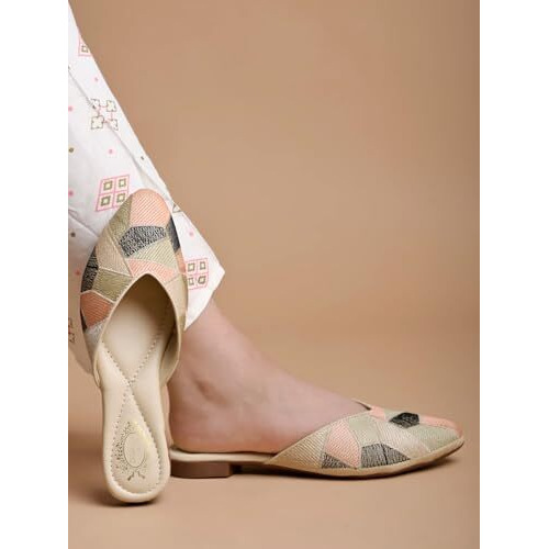 Women's Ethnic Slip-On Mules Embroidered Flat Shoes With Low Heel  Stylish & Comfortable Casual Footwear Green Eu39