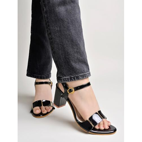Elegant Black Heeled Sandals For Women ||Ankle Strap Chunky Block Heels With Gold Accent  Open Toe Dress Eu40