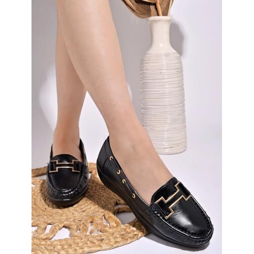 Shoetopai Women's Black Comfort Loafers  Soft Slip-On Driving Shoes With Gold Bit Detail & Cushioned Sole For Daily Eu42