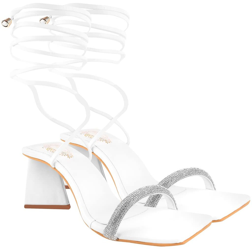 Shoetopia Embellished Stutted Strap White Heeled Sandals For Women & Girls /Uk8