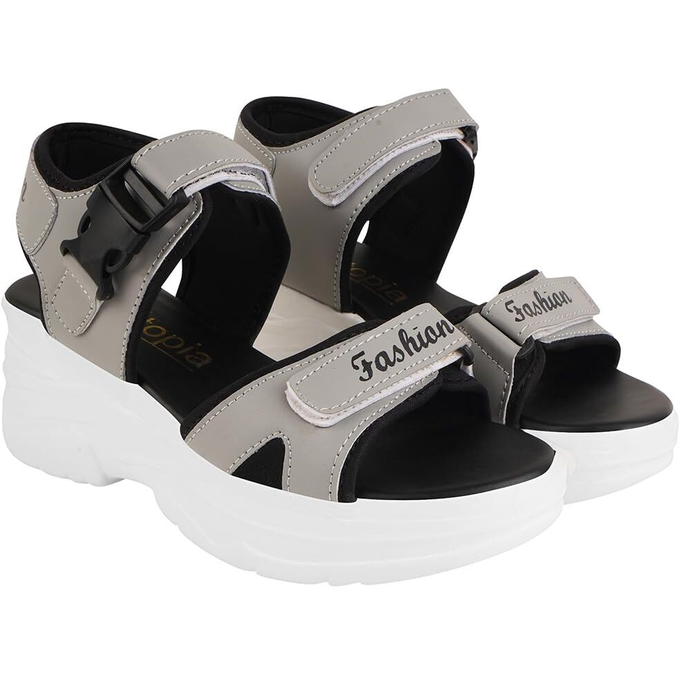 Shoetopia Velcro Style Grey Sandal For Women & Girls /Uk5