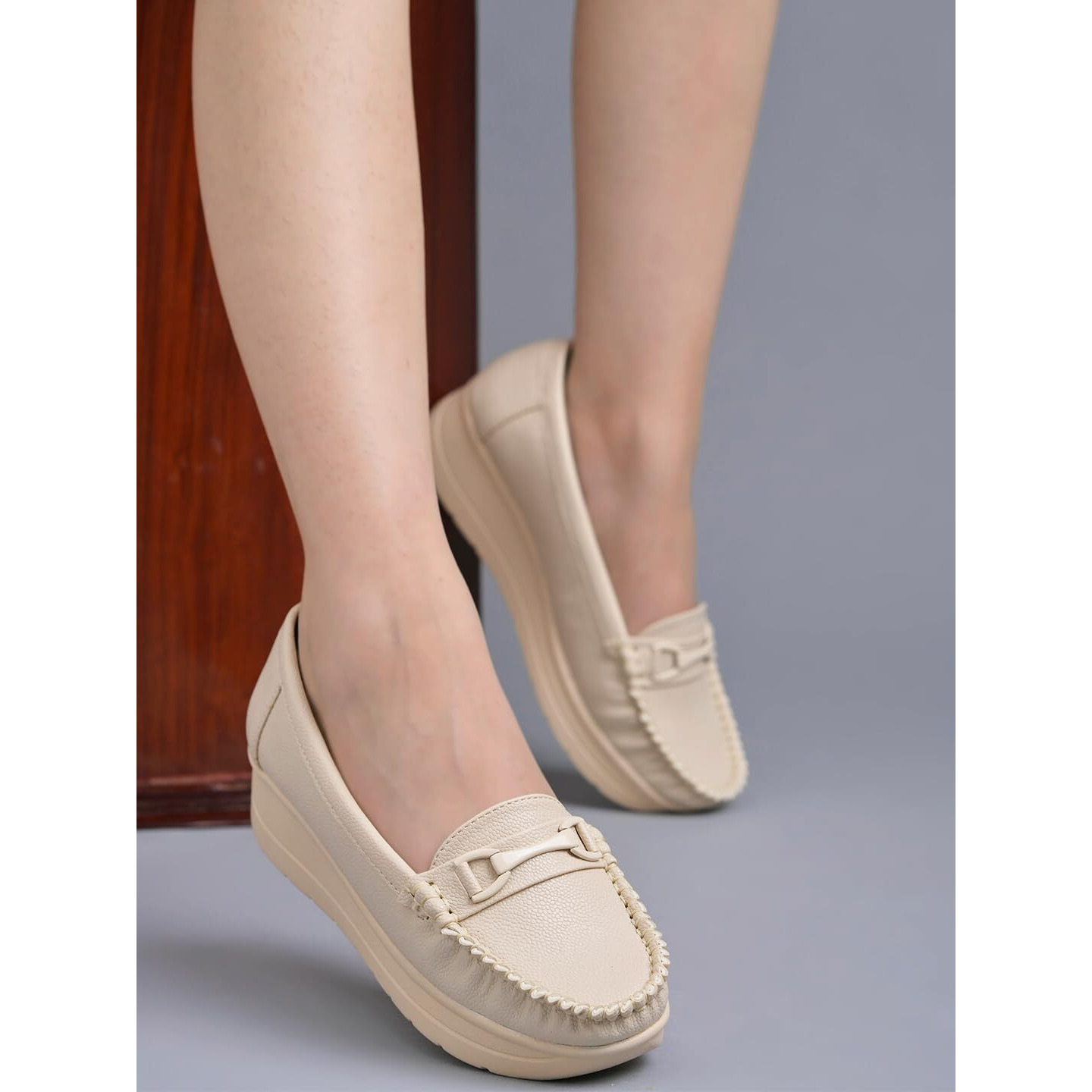 Shoetopai Women's Cream Comfort Loafers  Soft Faux Leather Slip-On Shoes With Cushioned Sole, Casual Footwear Eu39