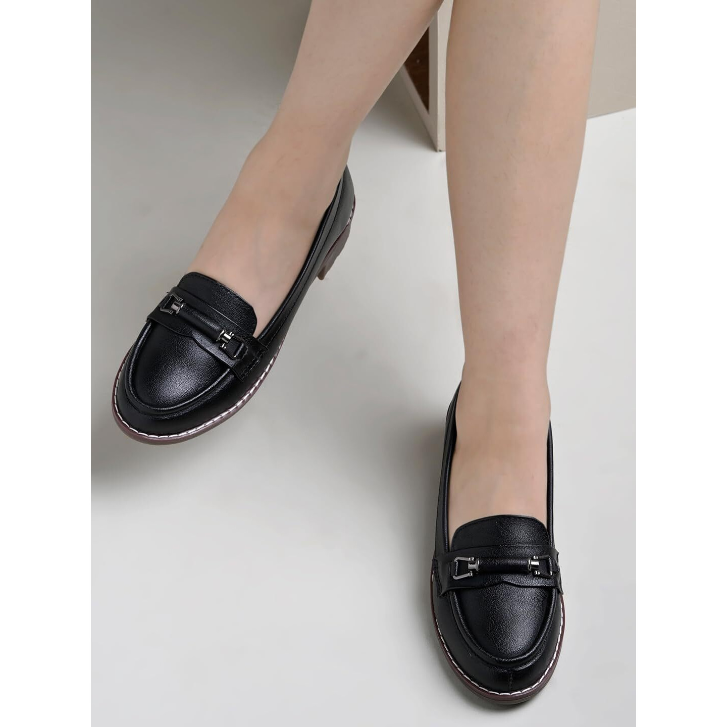 Shoetopia Upper Buckle Detailed Black Loafers For Women & Gilrs-Eu37