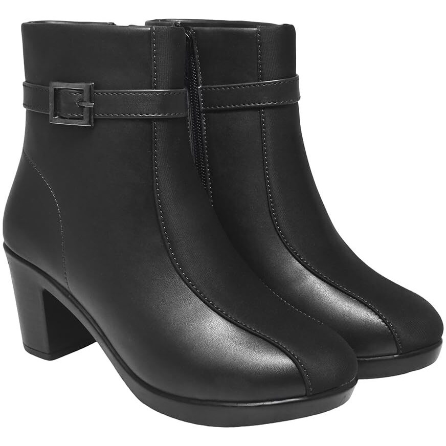 Women's Black Faux Leather Ankle Boots With Mid Heel And Buckle Strap  Side Zipper Comfort Booties For Fall & Winter Eu37
