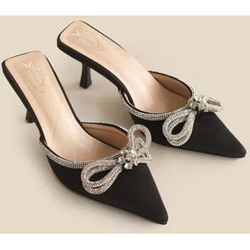 Shoetopia Women's Black Elegant Ivory Satin Mule Heels With Crystal Bow  Pointed Toe Slip-On Dress Rhinestone For Party Or Evening Events Eu37