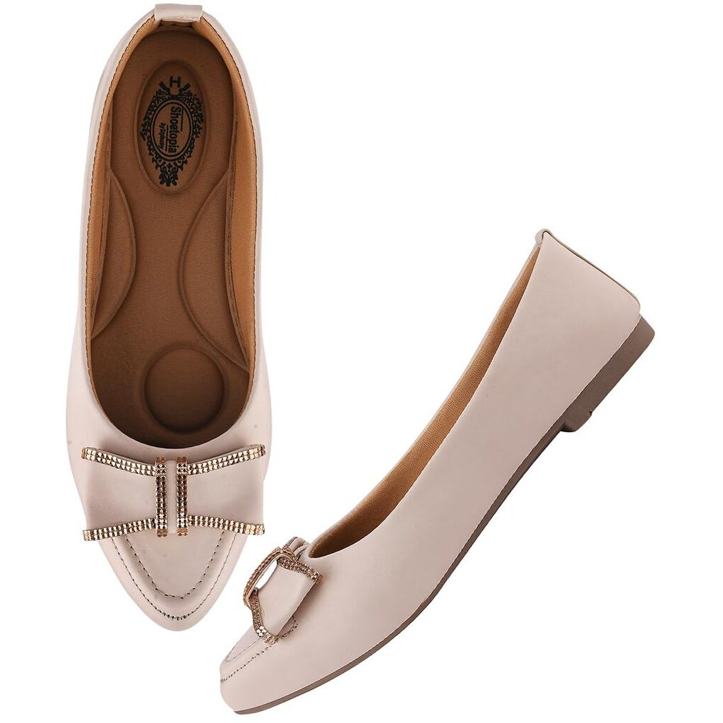 Shoetopia Pointed Toe Bow Detailed Cream Bellies For Women & Girls /Eu41