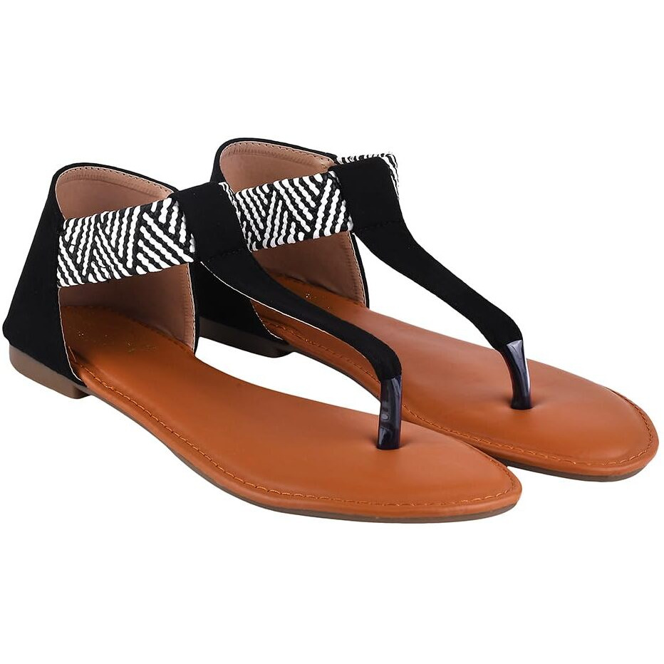 Shoetopia Women's Ethnic Style T-Strap Sandals Black Chevron Ankle Strap Flats For Casual & Festive Comfortable & Stylish Party Eu39