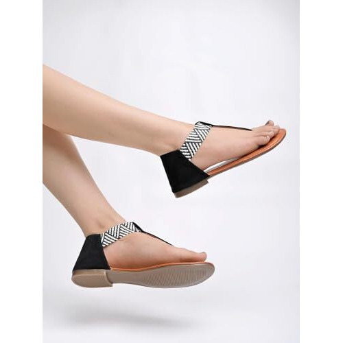 Shoetopia Women's Ethnic Style T-Strap Sandals Black Chevron Ankle Strap Flats For Casual & Festive Comfortable & Stylish Party Eu39