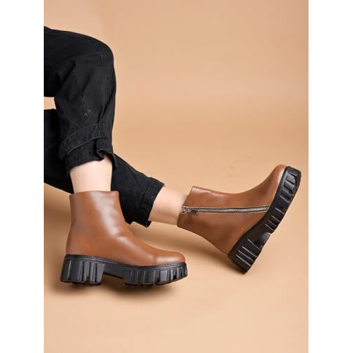 Shoetopia Smart Casual Side Chain Detailed Tan Boots For Women & Girls /Eu38