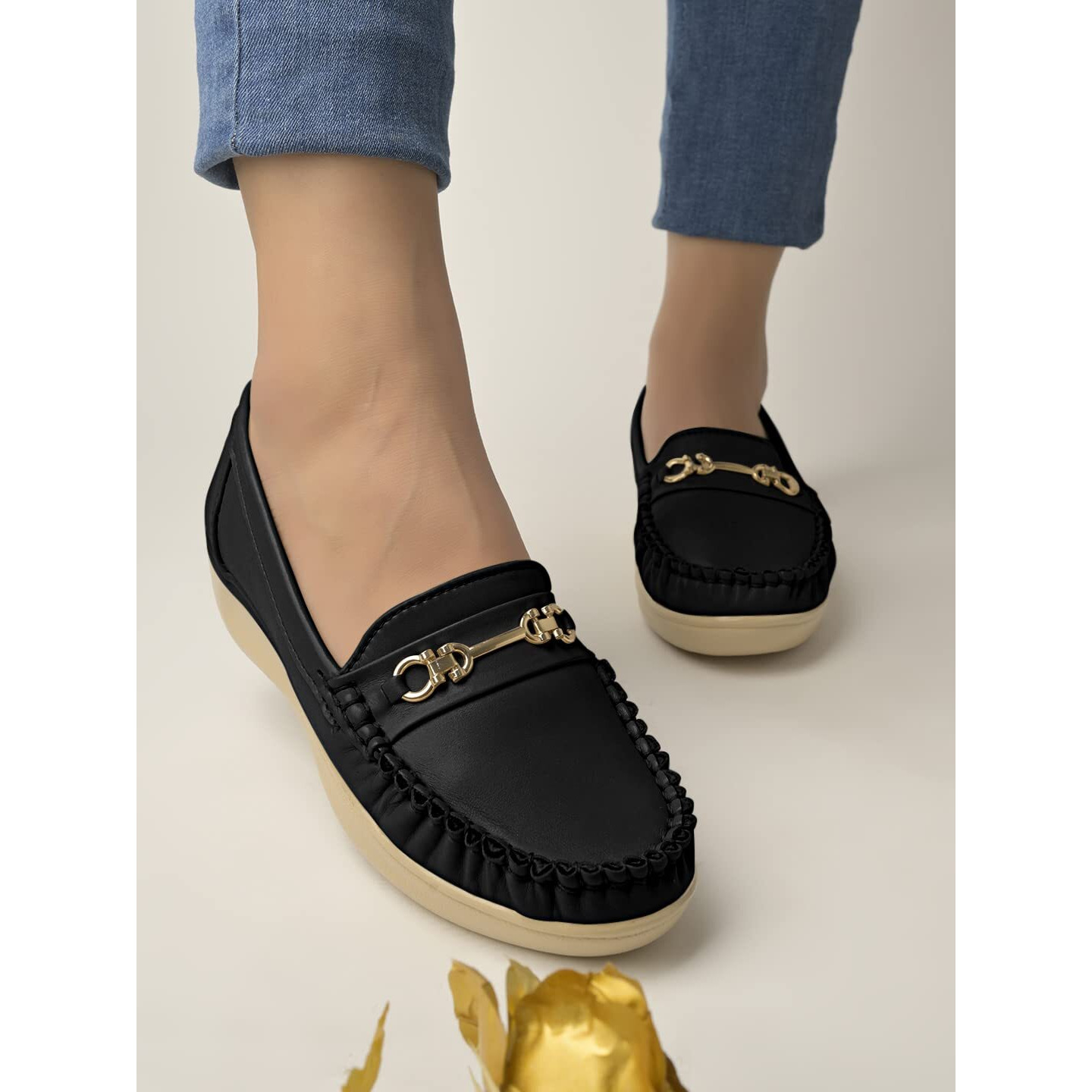 Shoetopia Upper Metalic Buckle Detailed Black Loafers For Women & Girls /Uk4