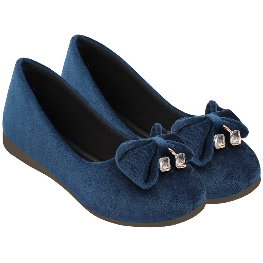 Shoetopia Women & Girls Blue Velvet Ballet Flats Slip-On Shoes With Bow & Pearl Charm | Comfortable Casual Dress Shoes Eu40