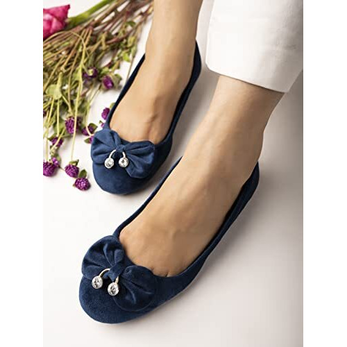 Shoetopia Women & Girls Blue Velvet Ballet Flats Slip-On Shoes With Bow & Pearl Charm | Comfortable Casual Dress Shoes Eu40