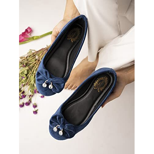 Shoetopia Women & Girls Blue Velvet Ballet Flats Slip-On Shoes With Bow & Pearl Charm | Comfortable Casual Dress Shoes Eu40