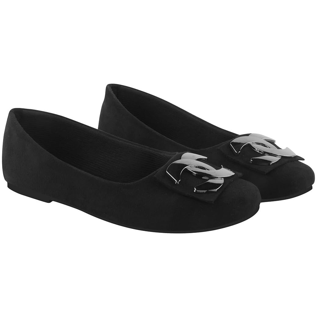 Shoetopia Round Toe Buckle Detailed Black Bellies For Women & Girls-Eu41