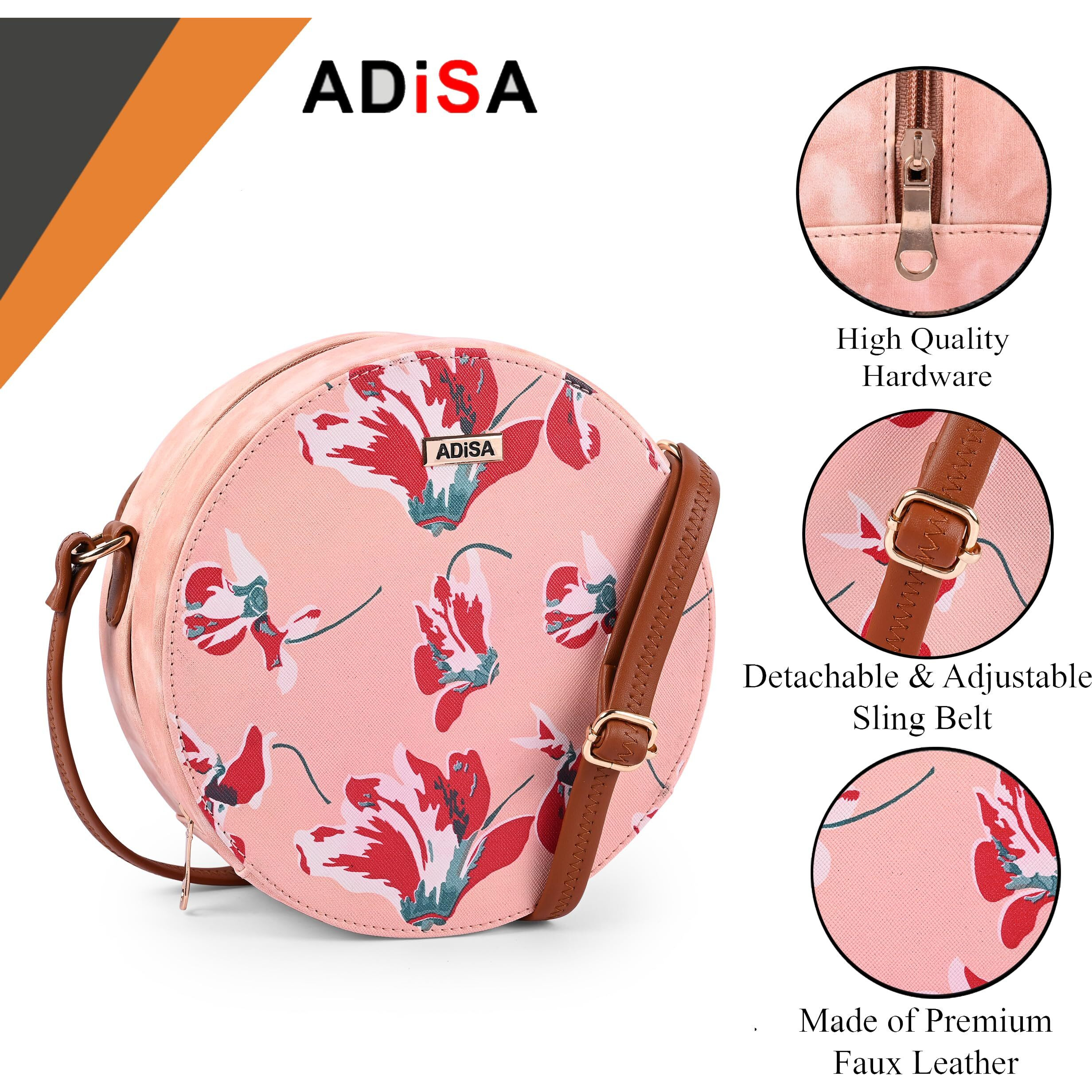Adisa Women Girls Flower Print Sling Bag Round Crossbody Purse (Sl6007-Pin_Pink)