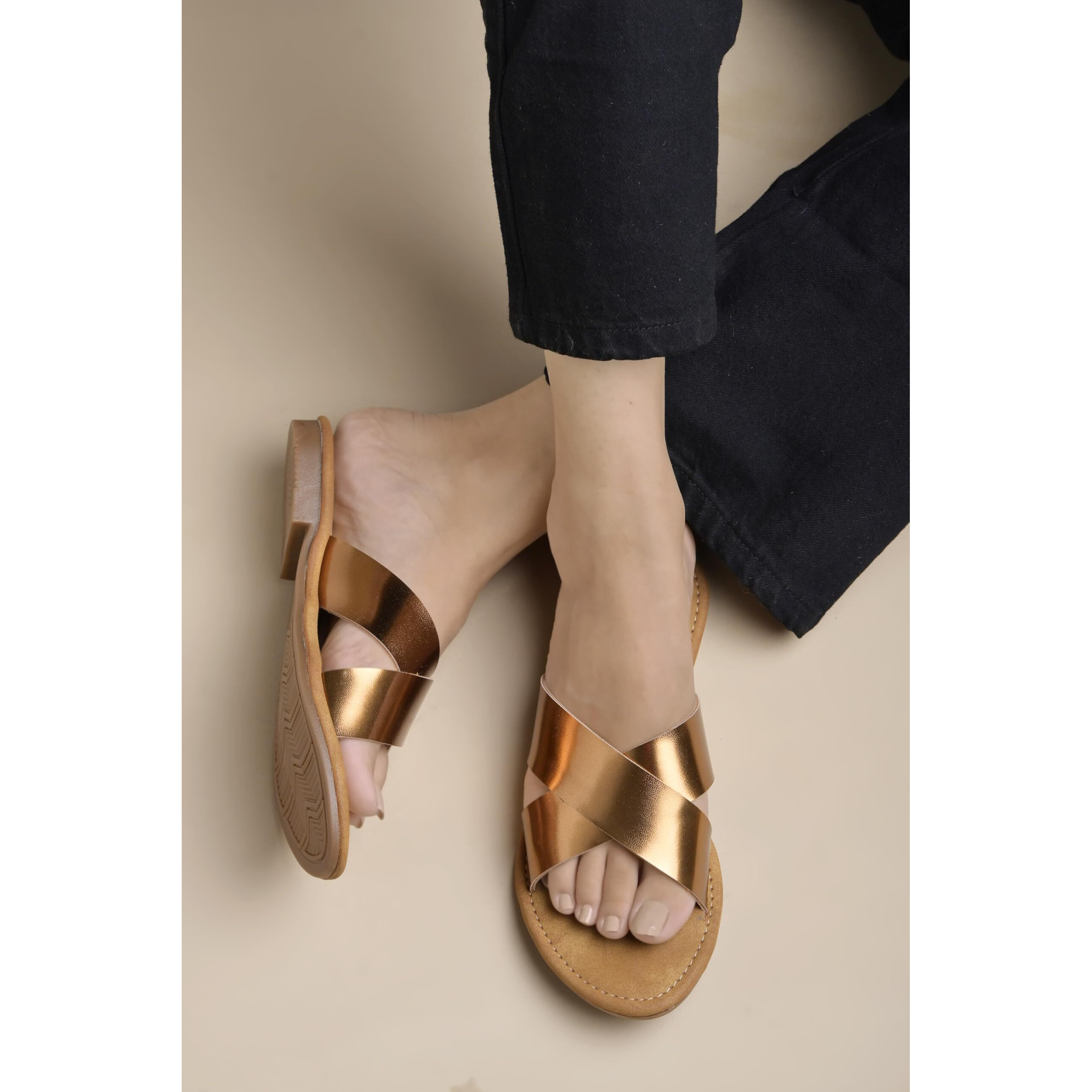 Shoetopia Women's Flat-736 Copper Flat Sandal-6 Kids Uk (Flat-736-Copper)-Eu39