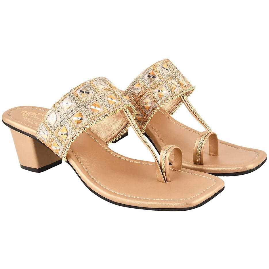 Shoetopia Women's Block Heel Sandal/Golden /Eu38 / Uk5