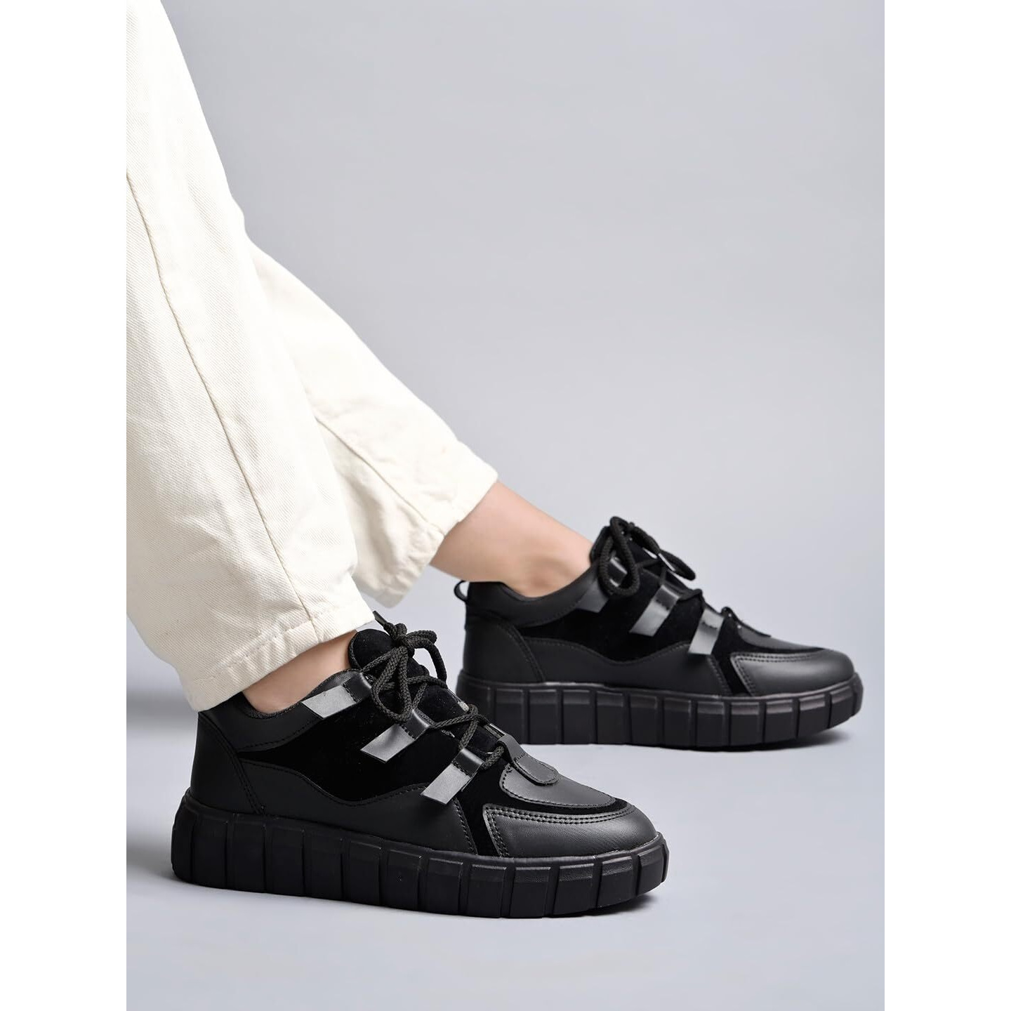 Shoetopia Stylish Lace-Up Black Colored Sneakers For Women & Girls /Uk4