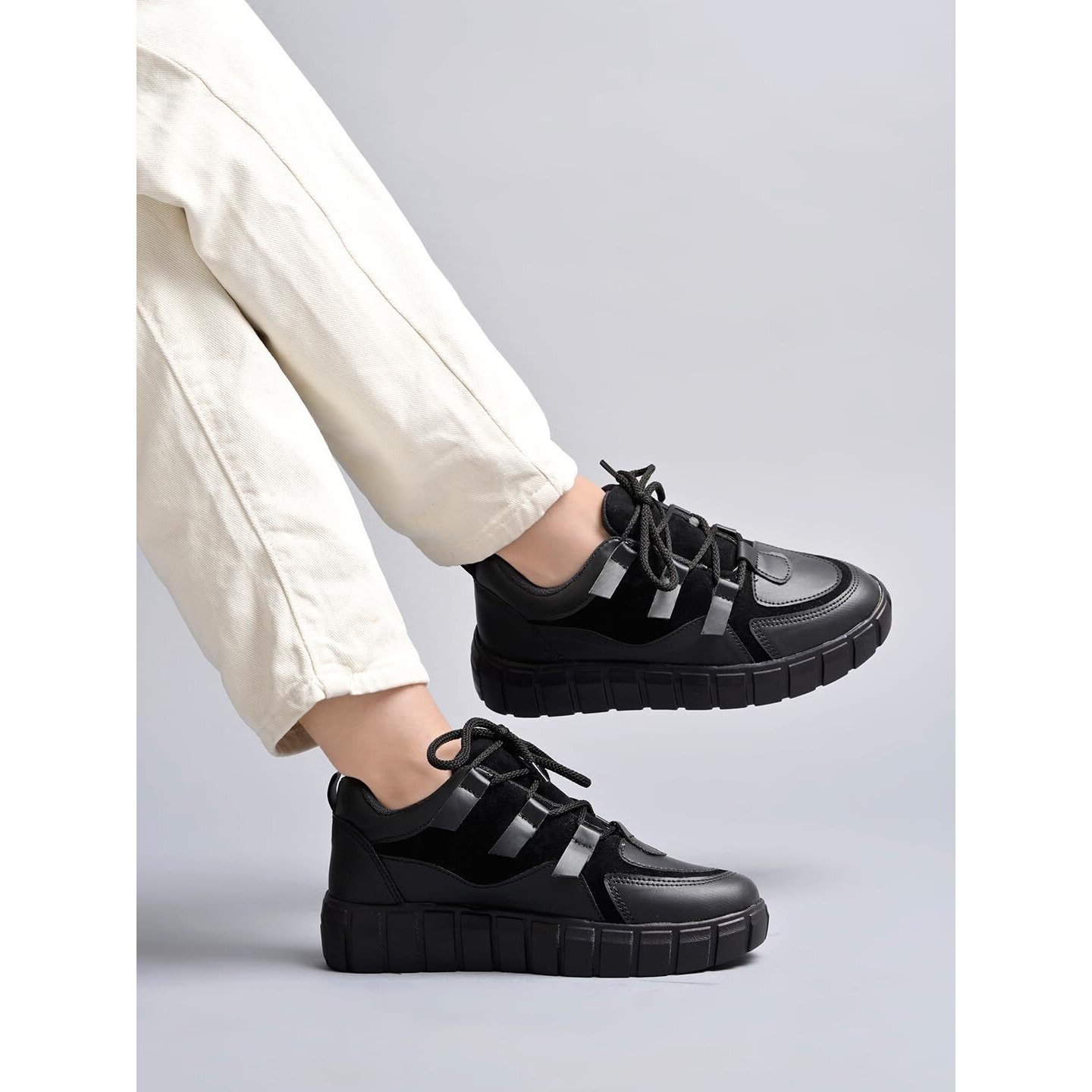 Shoetopia Stylish Lace-Up Black Colored Sneakers For Women & Girls /Uk4