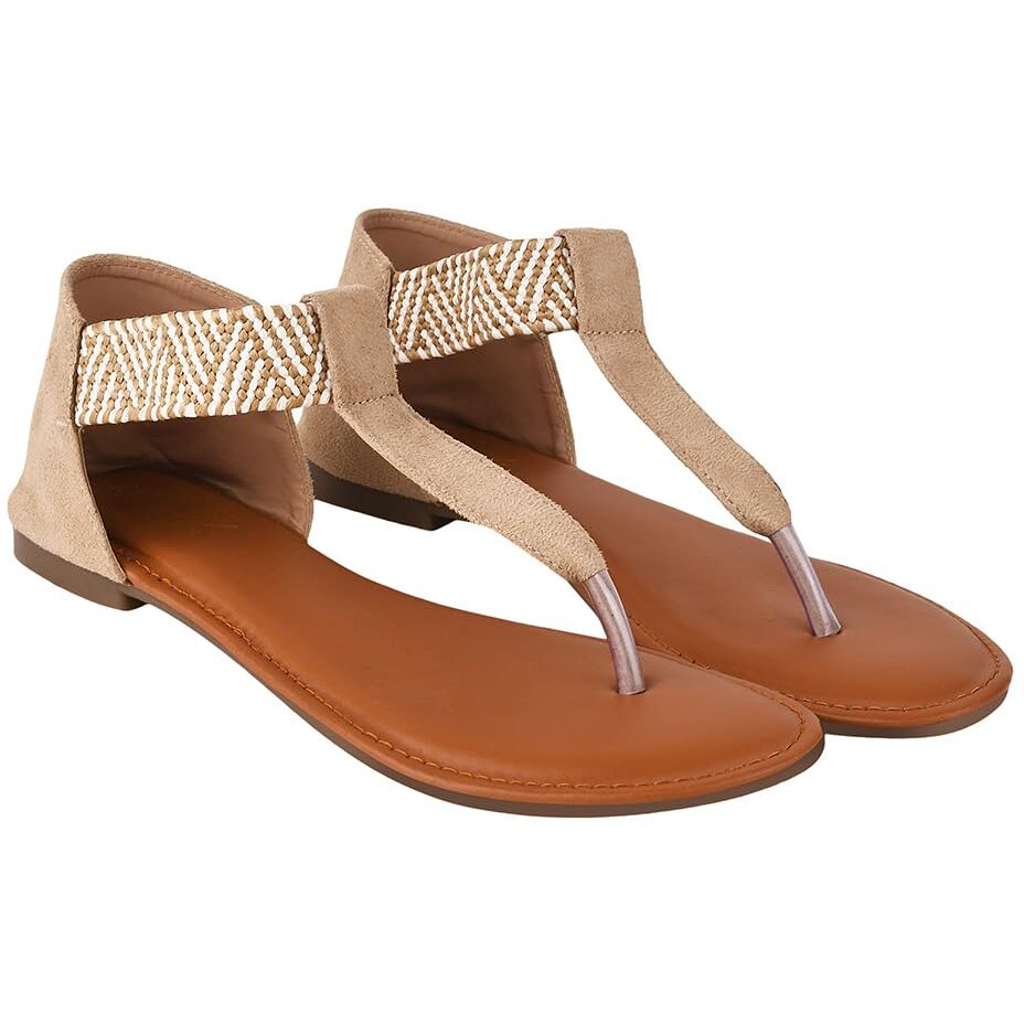 Shoetopia Women's Ethnic Style T-Strap Sandals Cream Chevron Ankle Strap Flats For Casual & Festive Comfortable & Stylish Party Eu41