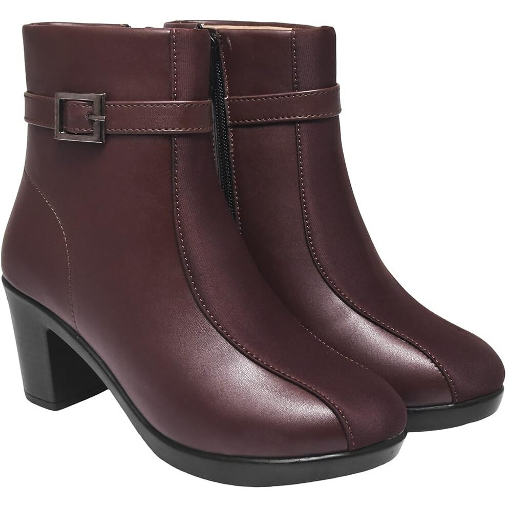 Women's Brown Faux Leather Ankle Boots With Mid Heel And Buckle Strap  Side Zipper Comfort Booties For Fall & Winter Eu37