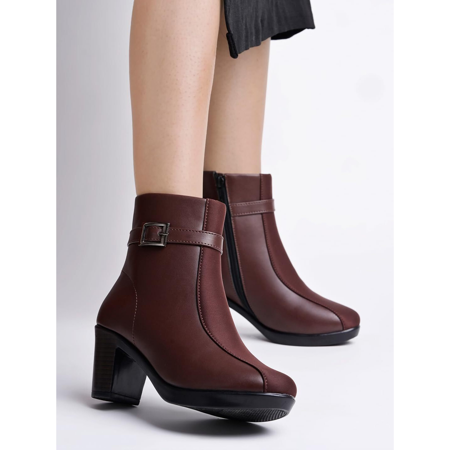 Women's Brown Faux Leather Ankle Boots With Mid Heel And Buckle Strap  Side Zipper Comfort Booties For Fall & Winter Eu37