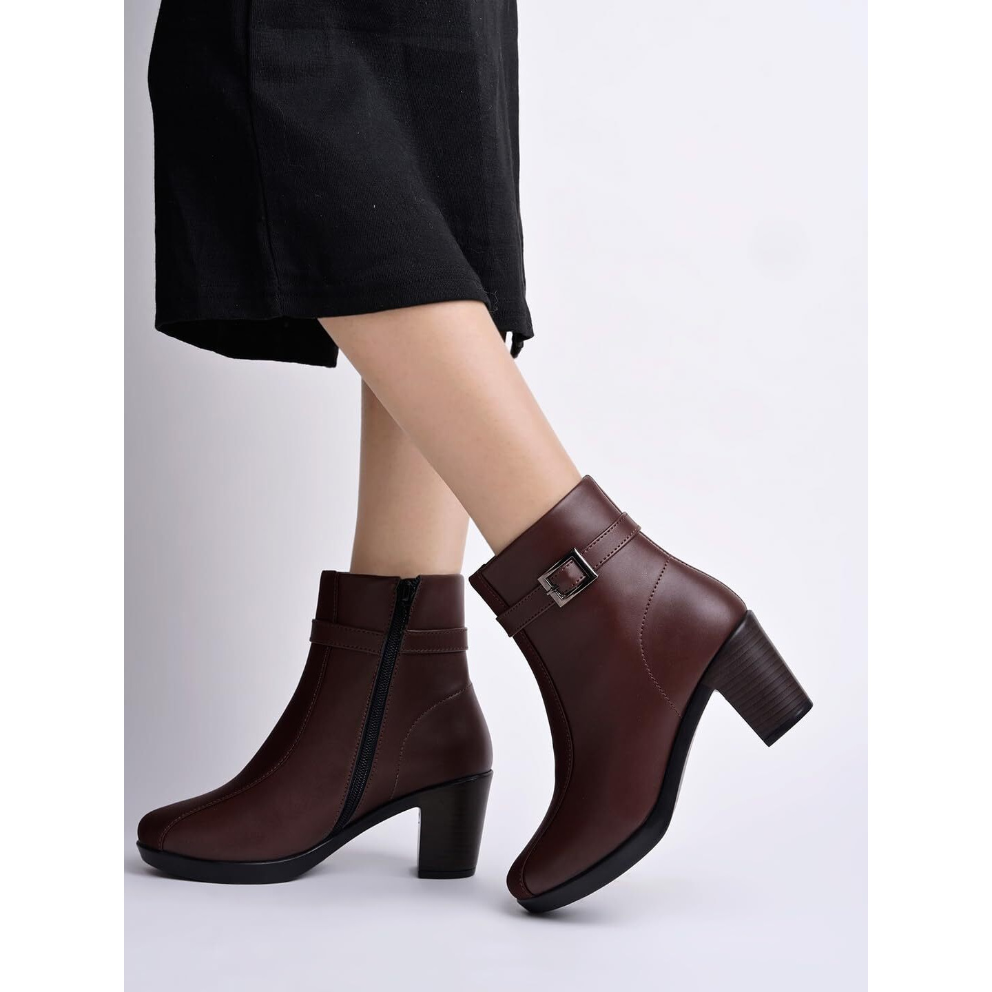 Women's Brown Faux Leather Ankle Boots With Mid Heel And Buckle Strap  Side Zipper Comfort Booties For Fall & Winter Eu37