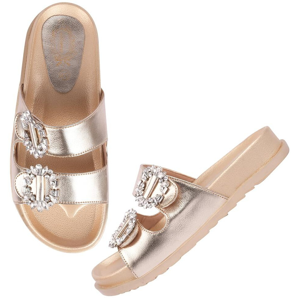 Shoetopia Women's Flat Sandal-6 Kids Uk (Chamkila-Golden)-Eu39