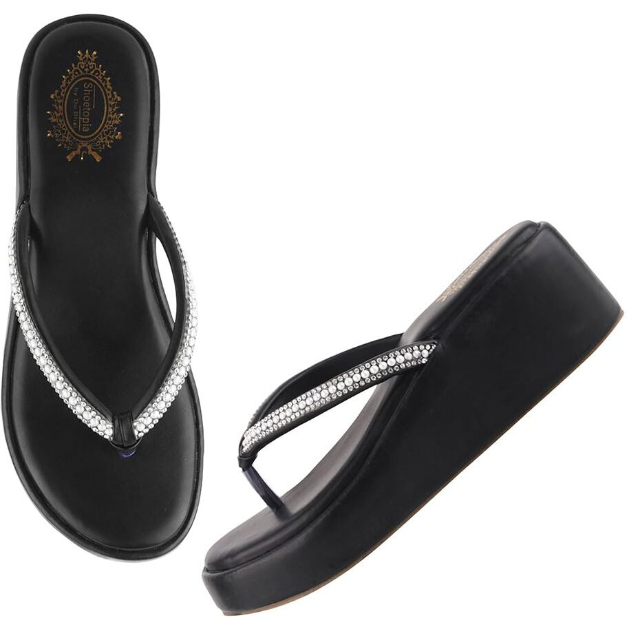 Shoetopia Women Embellished Black Wedges /Eu37