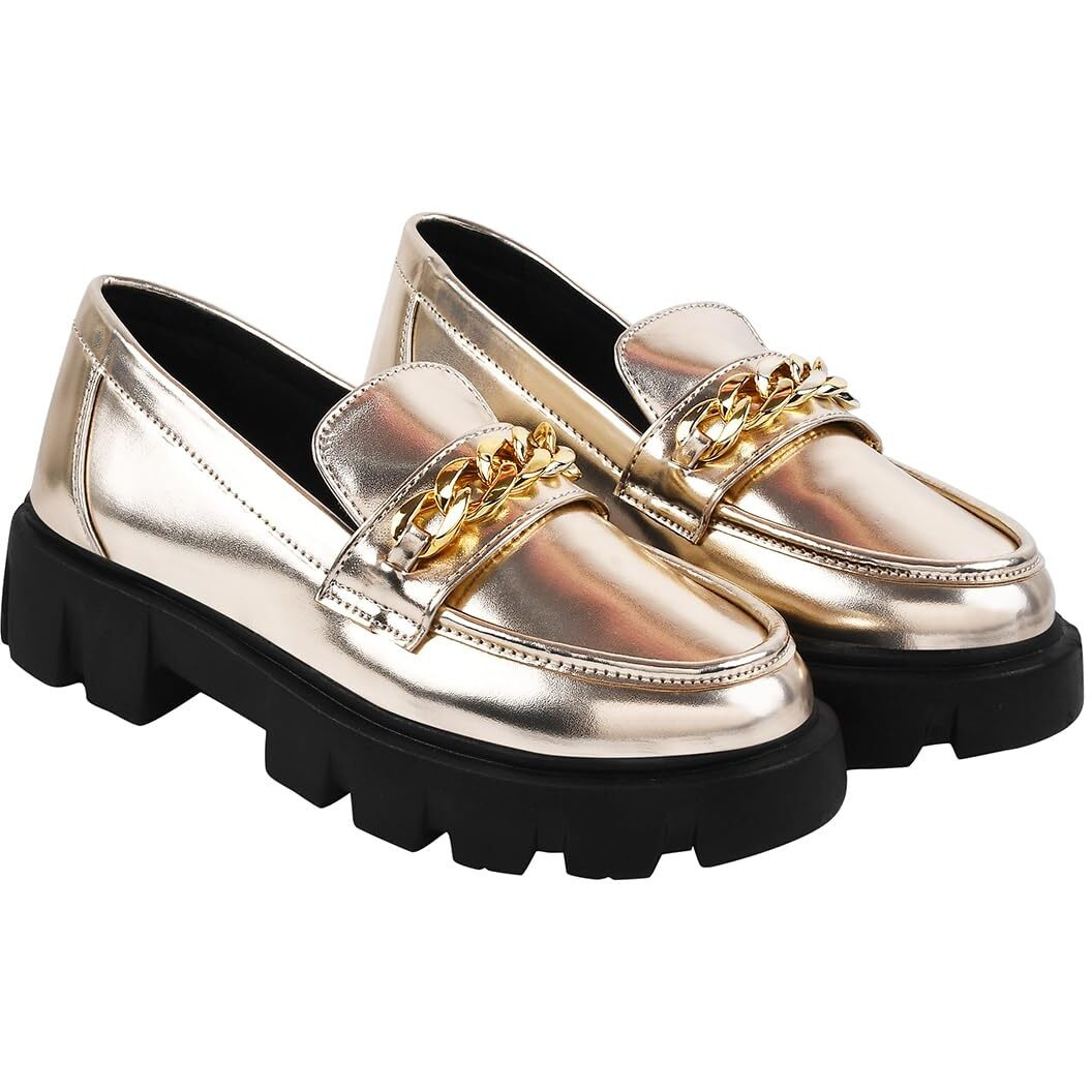 Shoetopia Women's Block Heel Loafers Golden