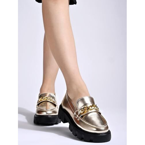 Shoetopia Women's Block Heel Loafers Golden