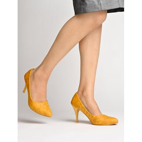 Shoetopia Women's Block Heel Pumps Yellow,7 Uk