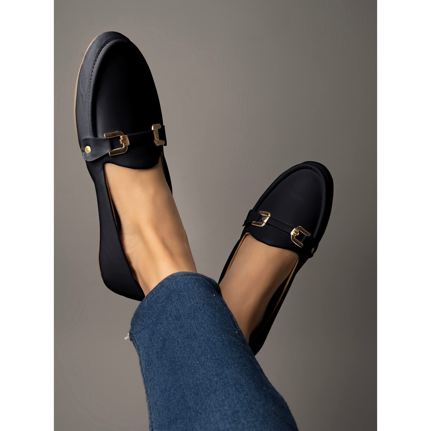 Shoetopia Golden Metal Buckle Detailed Black Bellies-Eu38