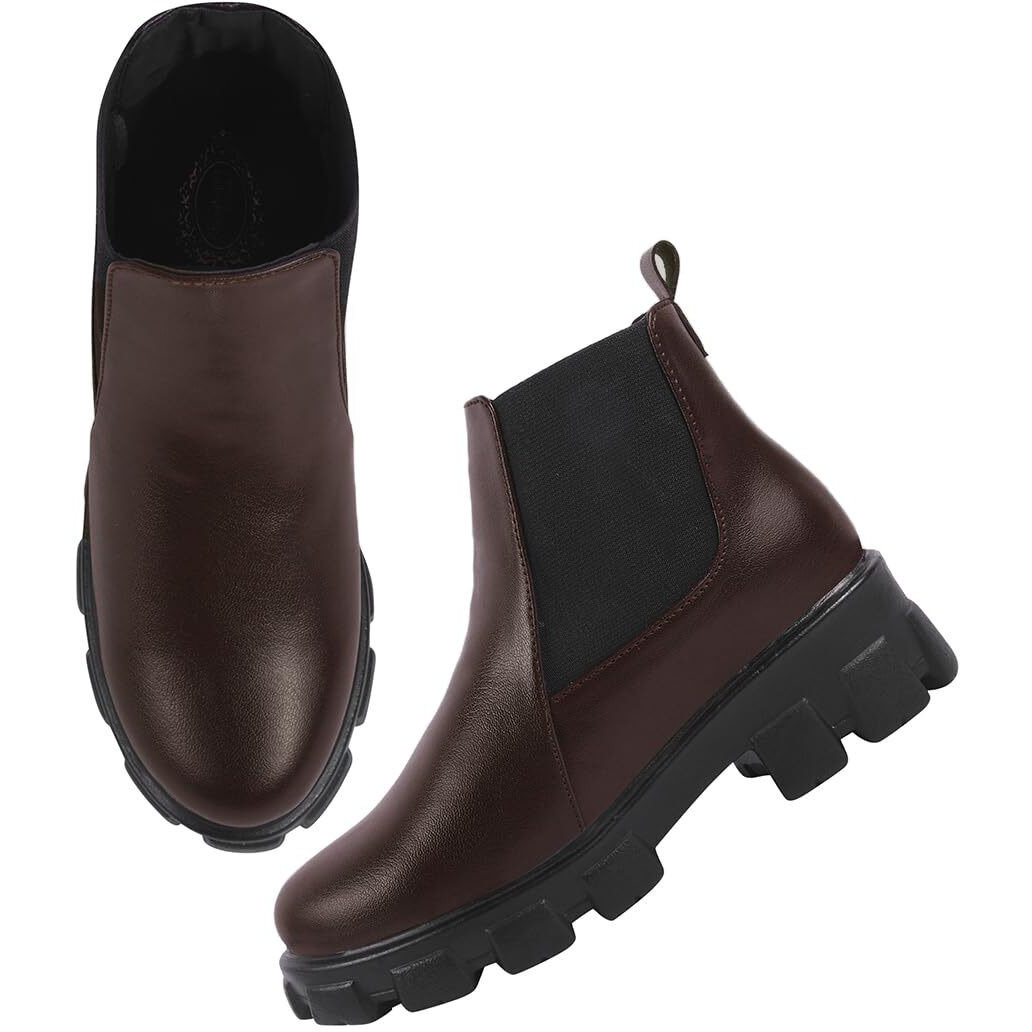 Women's Chunky Chelsea Boots  Brown Ankle Booties With Lug Sole, Slip-On Elastic Side Panels, Stylish Fall/Winter Footwear Eu39