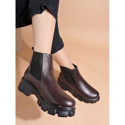 Women's Chunky Chelsea Boots  Brown Ankle Booties With Lug Sole, Slip-On Elastic Side Panels, Stylish Fall/Winter Footwear Eu39
